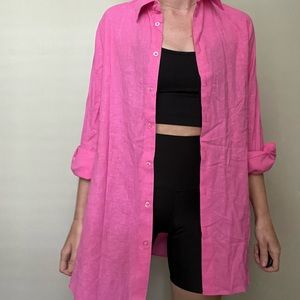 Long Sleeve Pink Linen Button Down Shirt